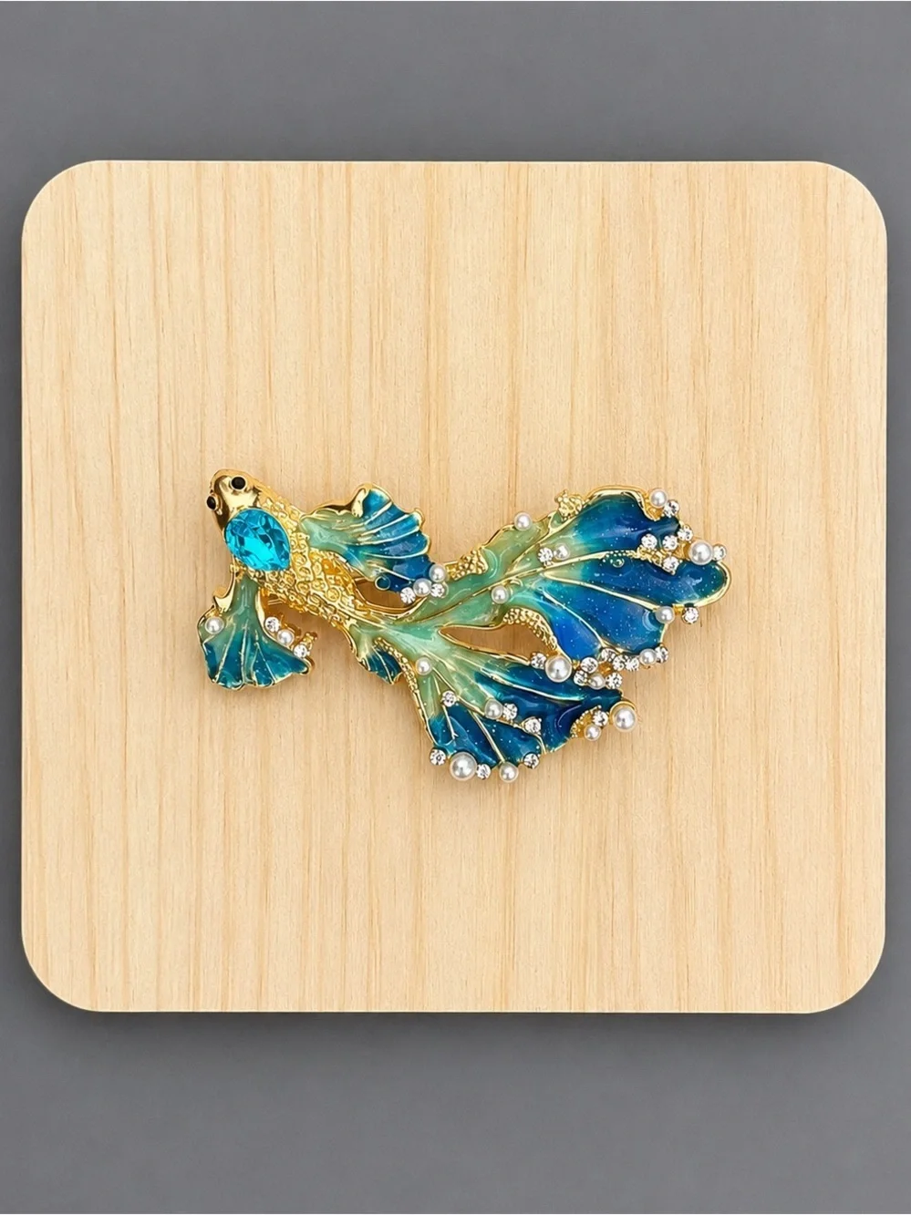 Blue Betta Fish Brooch Enamel Pearl Crystal Gold Tone Statement Pin Gift